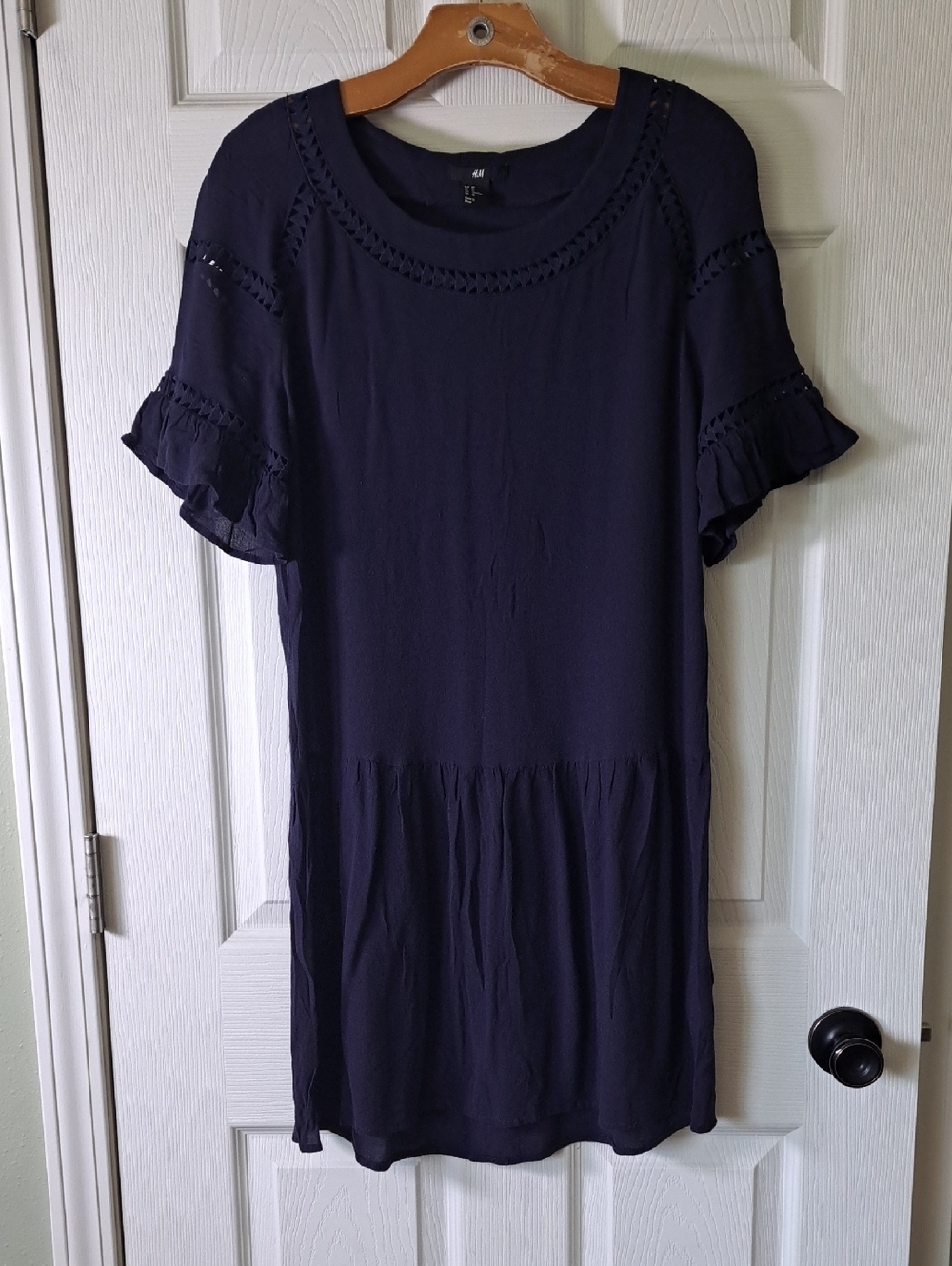 H&M Navy Drop Waist Ruffle Sleeve Boho Viscose Lightweight Tunic Dress